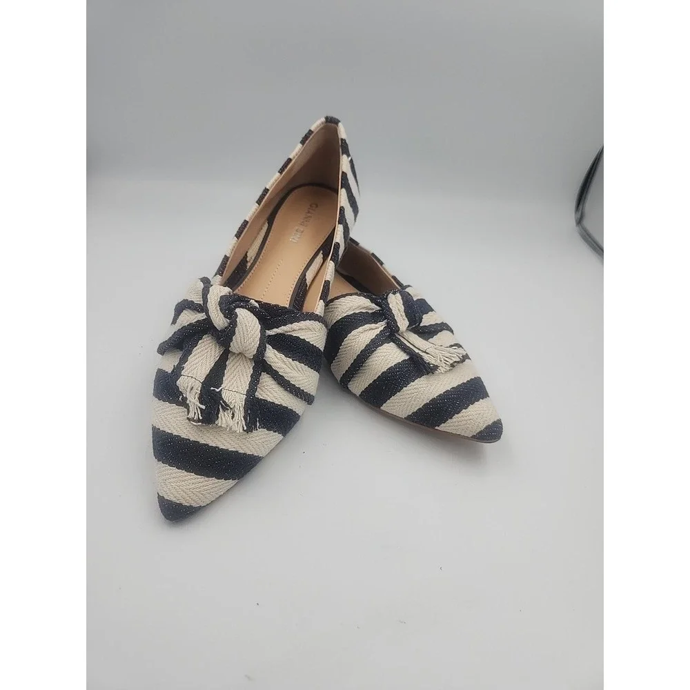 Gianni Bini Navy White Tan Striped Canvas Buckle Slip-On Flats Women's Shoes 8